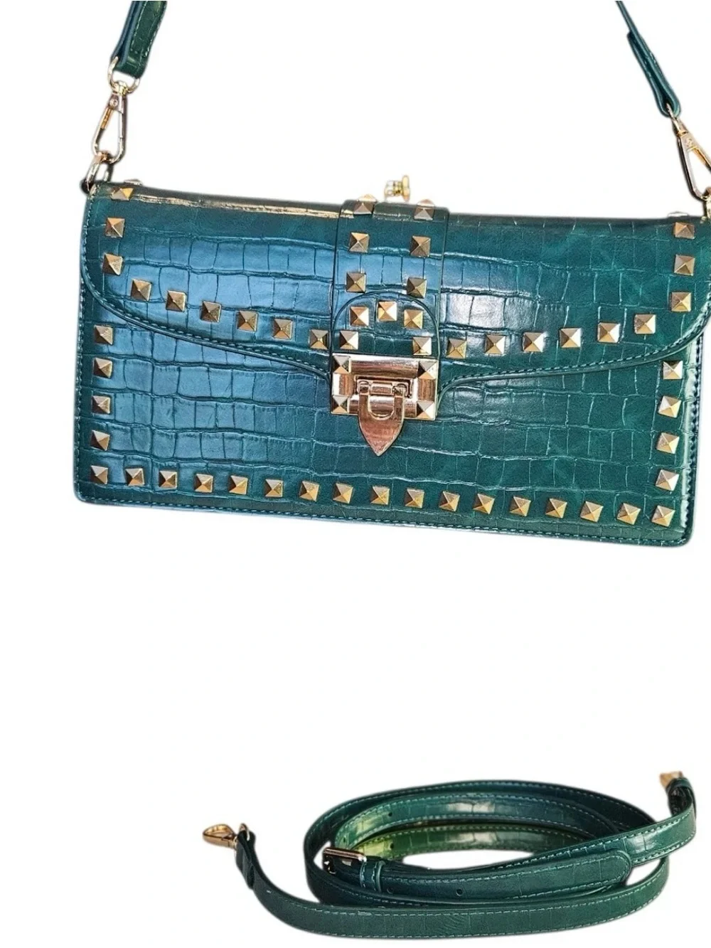 Green Studded Crossbody Clutch with Gold Hardware
